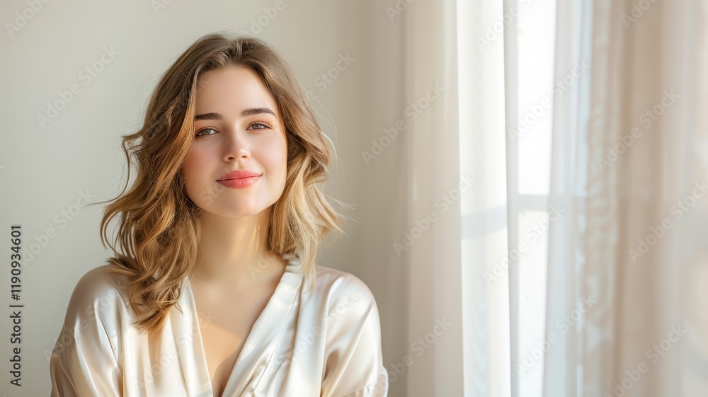 A serene portrait of a smiling woman with wavy hair, wearing a silky robe, in a softly lit room by a window. A serene portrait of a smiling woman with wavy hair, wearing a silky robe, in a softly lit room by a window.