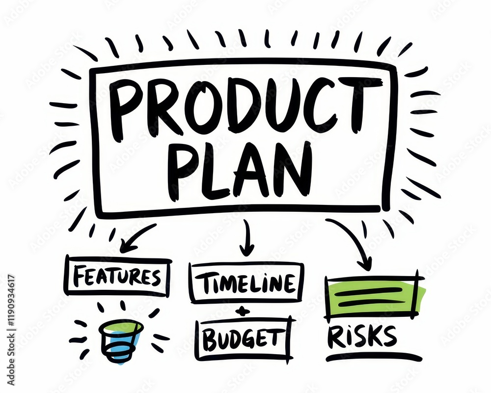 A visual product plan outlining features timeline budget and risks A visual product plan outlining features timeline budget and risks