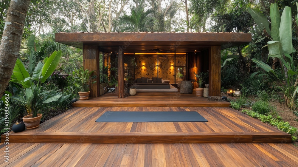 Open tropical yoga studio place with view outside to the beautiful garden with palm trees and ocean. Open tropical yoga studio place with view outside to the beautiful garden with palm trees and ocean.