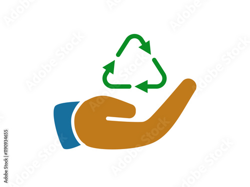 hand icon with recycling arrow, simple flat style, pictogram logo sign symbol vector illustration, isolated on white for mobile app