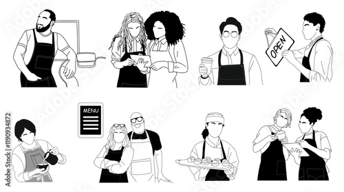 Set of diverse people working at small business vector outline sketch illustration. Collection of owners small barber shop, cafe, store, bakery, pottery services isolated 