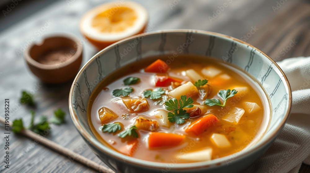 Hearty vegetable soup in a rustic bowl, garnished with fresh parsley. A warm and comforting meal, perfect for a chilly day. Hearty vegetable soup in a rustic bowl, garnished with fresh parsley. A warm and comforting meal, perfect for a chilly day.