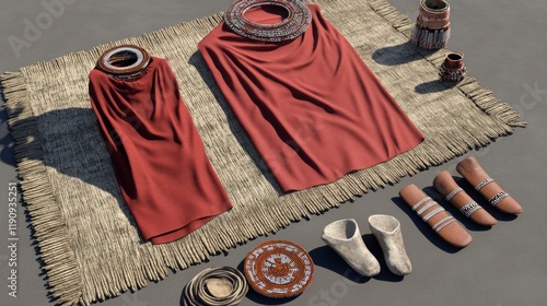 Traditional Textiles Display with Pottery and Footwear on Woven Mat - Aesthetic Showcase for Cultural Exhibition photo