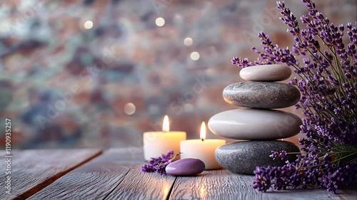 Stacked stones, lavender, candles on wood. Tranquil spa scene.
