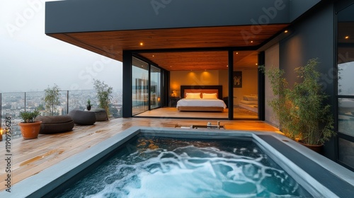 Luxurious modern villa with pool overlooking city skyline at dusk