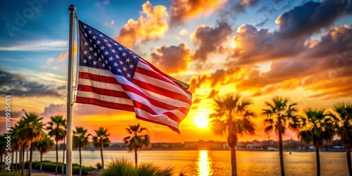 Palm Bay Florida USA Flag Waving Bokeh Beach Sunset Stock Photo