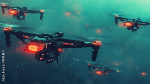 A concept graphic for a military magazine of a tactical autonomous FPV drone swarm, neon
