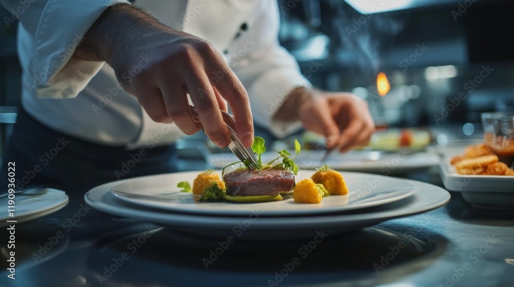 A chef garnishing a gourmet dish in a high-end restaurant kitchen, Restaurant kitchen scene, Elegant and refined style A chef garnishing a gourmet dish in a high-end restaurant kitchen, Restaurant kitchen scene, Elegant and refined style