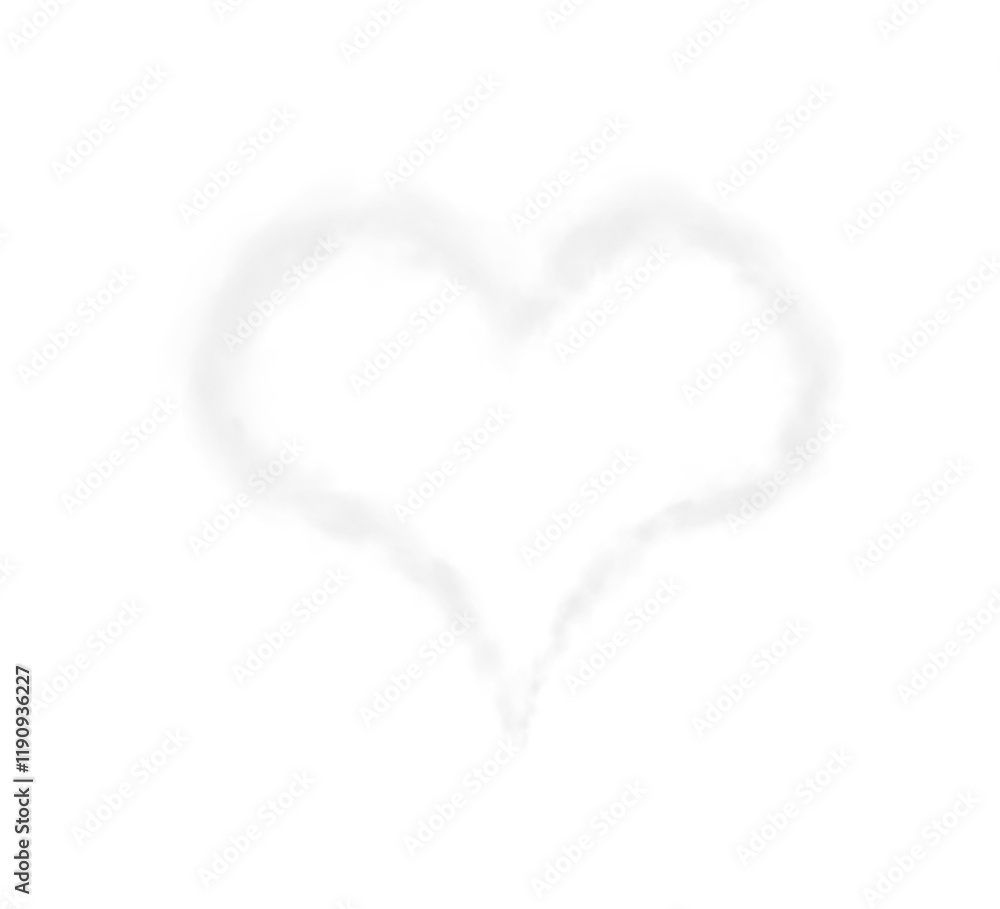 Fototapeta premium Realistic smoky grey fluffy heart shaped cloud on transparent background. Romantic golden translucent smoke floating in the shape of a heart. PNG.