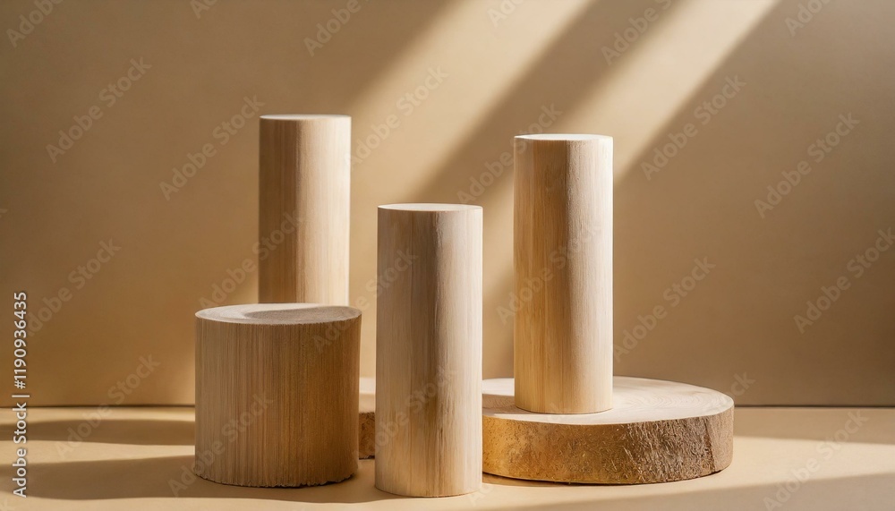 natural wood minimal pedestal podium, light beige, brown background for cosmetic product presentation, 3d rendering beige illustration. natural wood minimal pedestal podium, light beige, brown background for cosmetic product presentation, 3d rendering beige illustration.