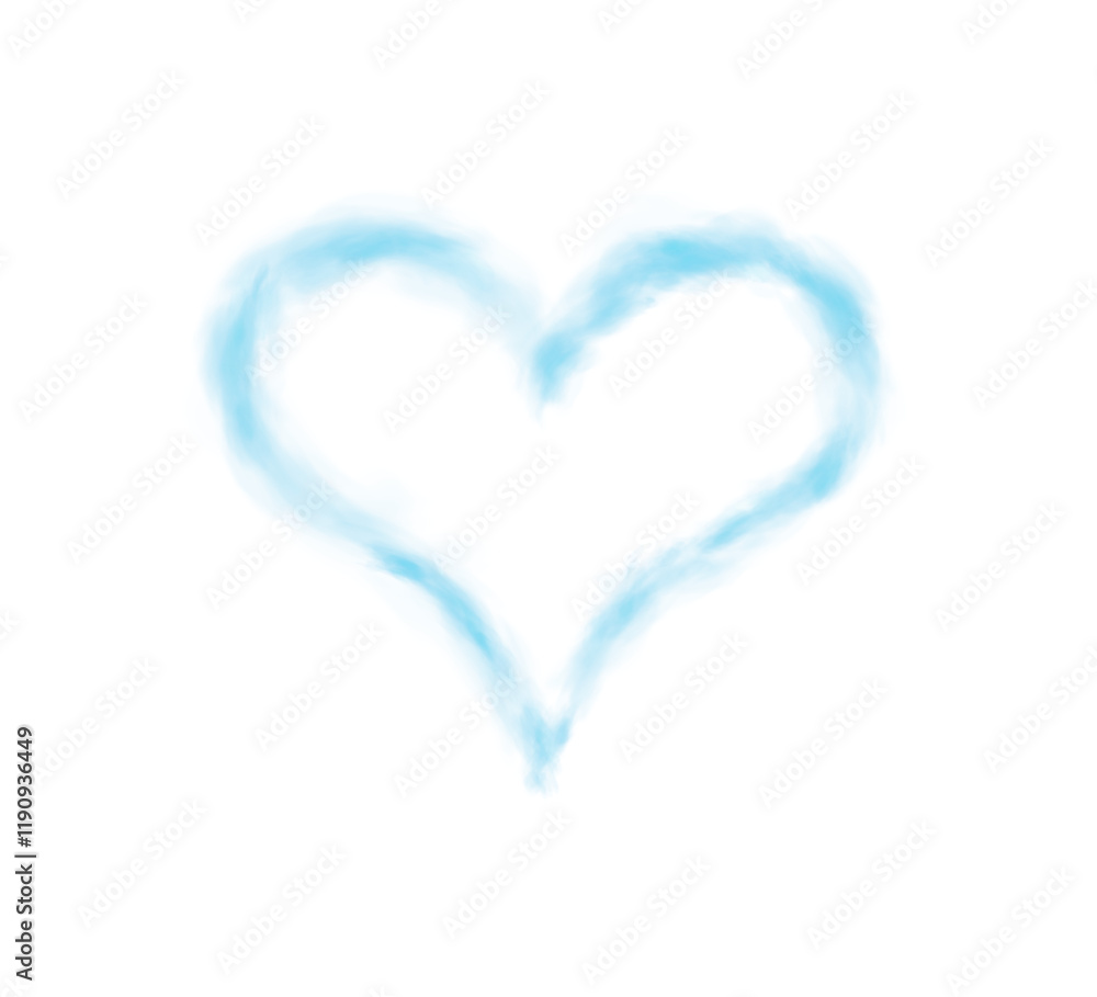 Fototapeta premium Realistic smoky blue fluffy heart shaped cloud on transparent background. Romantic golden translucent smoke floating in the shape of a heart. PNG.