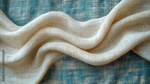 Elegant textured fabric displaying gentle waves in soft beige and teal tones ...