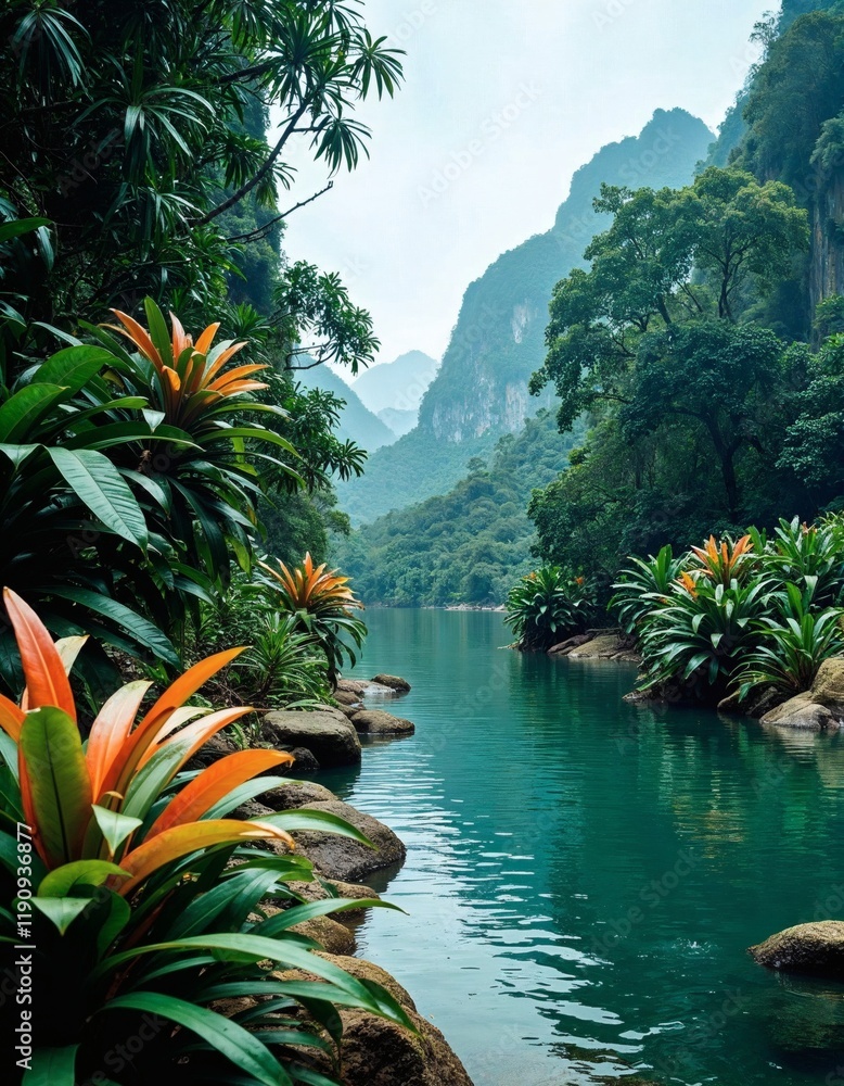 Fototapeta premium Lush Tropical River Scene: Serene Vista with Vibrant Bromeliads