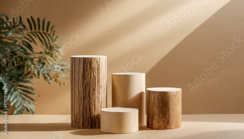 natural wood minimal pedestal podium, light beige, brown background for cosmetic product presentation, 3d rendering beige illustration.