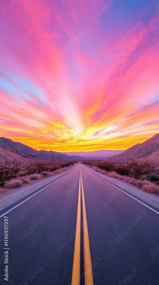 Desert road stretching towards distant mountains under dramatic sunset skies Desert road stretching towards distant mountains under dramatic sunset skies