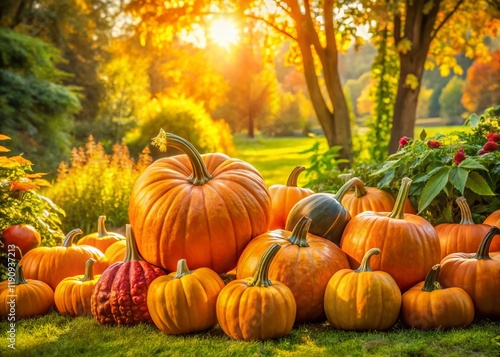 Panoramic Autumn Harvest: Giant Orange Pumpkins in a Lush Garden photo