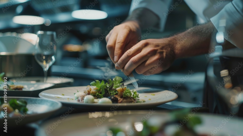 A chef garnishing a gourmet dish in a high-end restaurant kitchen, Restaurant kitchen scene, Elegant and refined style A chef garnishing a gourmet dish in a high-end restaurant kitchen, Restaurant kitchen scene, Elegant and refined style