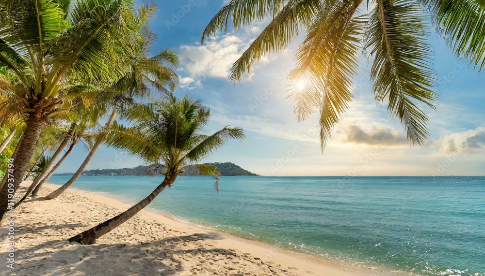 Fototapeta premium Beautiful tropical beach with palm trees, sunset beach seascape, design template for travel banner.
