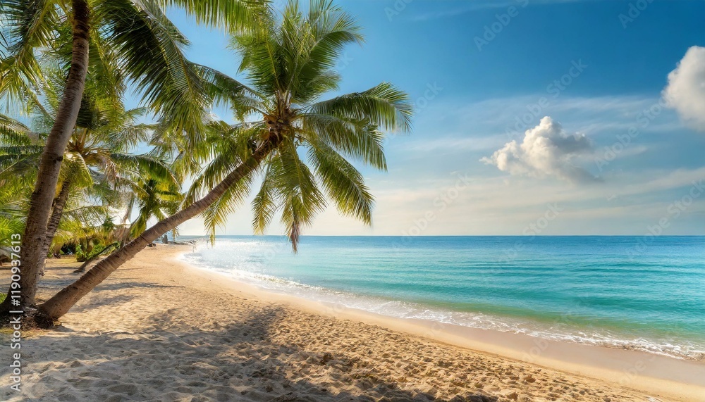 Beautiful tropical beach with palm trees, sunset beach seascape, design template for travel banner. Beautiful tropical beach with palm trees, sunset beach seascape, design template for travel banner.