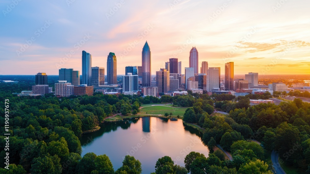 Naklejka premium A stunning skyline view of Atlanta at sunset, showcasing modern skyscrapers surrounded by lush parks and a serene lake.