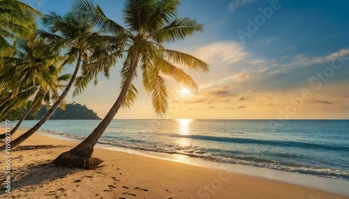 Beautiful tropical beach with palm trees, sunset beach seascape, design template for travel banner.