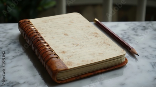 Writing tools on a textured surface with a focus on two colorful notebooks an...