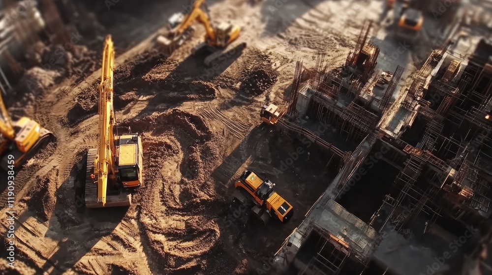 A dynamic aerial shot of a construction site, with cranes, bulldozers, and loaders engaging in earthworks, highlighting the complexity and scale of the operation A dynamic aerial shot of a construction site, with cranes, bulldozers, and loaders engaging in earthworks, highlighting the complexity and scale of the operation