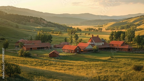Sunset view over a rustic farm with barns and a winding dirt road in the coun...