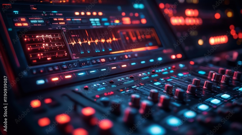 Futuristic Digital Audio Mixer with Neon Lights. Generative AI Futuristic Digital Audio Mixer with Neon Lights. Generative AI