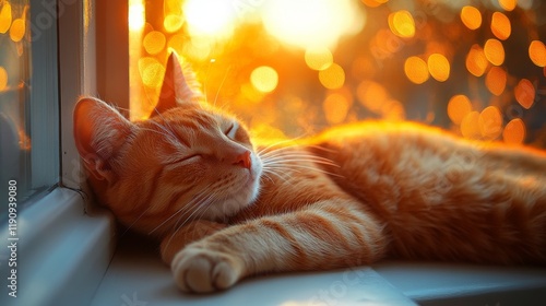 Cat relaxes in warm sunlight streaming through a window during golden hour in...
