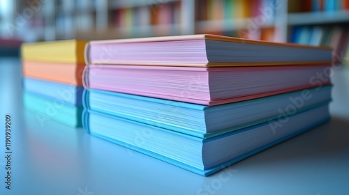 Colorful stack of notebooks arranged neatly on a marble surface for creativit...