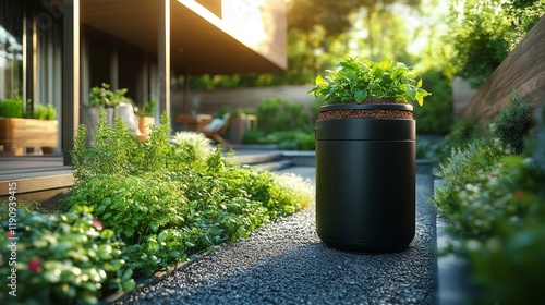 Modern garden featuring a stylish planter surrounded by lush greenery in a re...