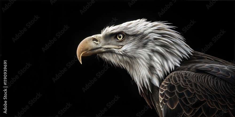 Close-up profile of a bald eagle with a sharp gaze against a dark background Close-up profile of a bald eagle with a sharp gaze against a dark background