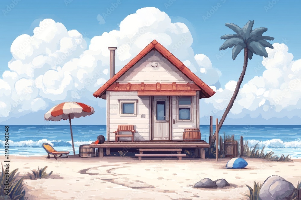 A charming pixel art depiction of a seaside vacation, featuring a tiny hut, colorful beach umbrellas, and gently pixelated ocean waves A charming pixel art depiction of a seaside vacation, featuring a tiny hut, colorful beach umbrellas, and gently pixelated ocean waves