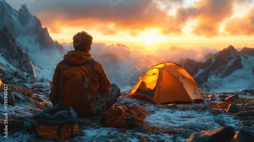 A climber is sitting enjoying the twilight in front of a tent looking at the sunset over the mountain