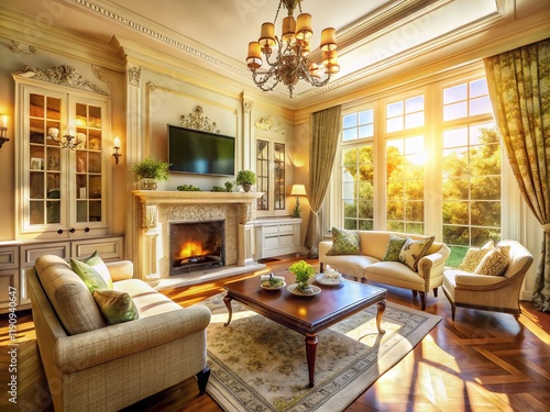 Wallpaper Mural Panoramic French Provincial Living Room: Elegant Fireplace & Wall-Mounted TV Torontodigital.ca