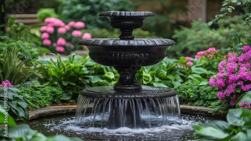 Beautiful garden fountain surrounded by vibrant flowers and lush greenery in ...