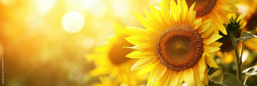 Summer sunflower flower background. Closeup of blooming sunflowers. Sunflowers in bloom in a summer nature landscape. Warm, bright, sunny wallpaper or banner 3:1 template Summer sunflower flower background. Closeup of blooming sunflowers. Sunflowers in bloom in a summer nature landscape. Warm, bright, sunny wallpaper or banner 3:1 template