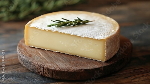 Delicious cheese round with creamy texture and rosemary garnish on wooden board