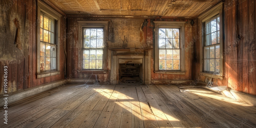 Fototapeta premium An abandoned room with wooden floors, peeling walls, and sunlight streaming through dusty windows.