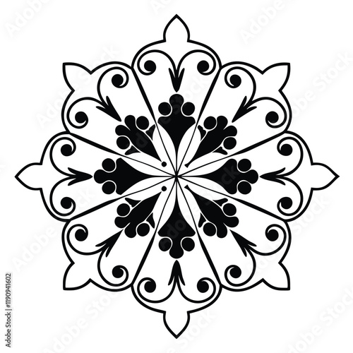 A vector illustration of a mandala silhouette with a white background. The mandala has a circular pattern with multiple layers of interlocking geometric shapes, including triangles, squares, and circl