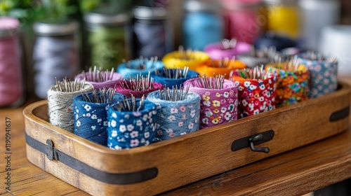Colorful spools of thread arranged neatly in a wooden tray at a creative work...