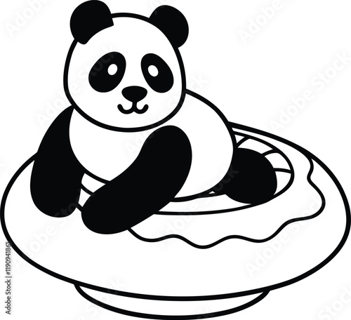 A panda sitting on a large donut silhouette vector art, A panda sitting on a large donut line art vector illustration