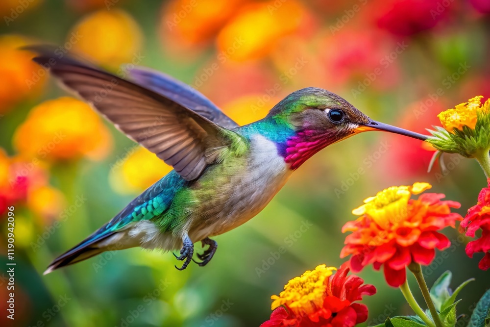 Panoramic Hummingbird Feeding on Vibrant Flowers - Dynamic Bird Photography Panoramic Hummingbird Feeding on Vibrant Flowers - Dynamic Bird Photography