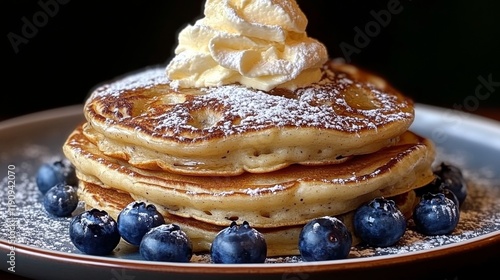 Fluffy pancakes stacked high with whipped cream and fruit toppings served on ...