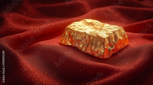 Shimmering gold nugget resting on luxurious crimson fabric in soft light