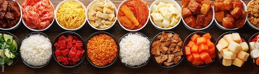 Assorted Ingredients in Bowls on a Wooden Table - Perfect for Cooking Preparation or Recipe Illustration Assorted Ingredients in Bowls on a Wooden Table - Perfect for Cooking Preparation or Recipe Illustration