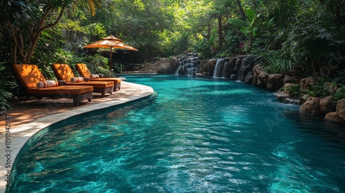 Luxury poolside retreat surrounded by lush greenery in a serene setting