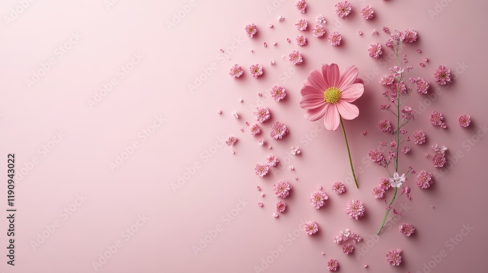 Fototapeta premium Pink flower composition with delicate blossoms on soft pink background