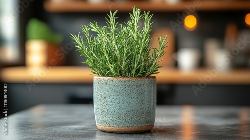 Fresh rosemary plant in a rustic pot on a wooden kitchen table